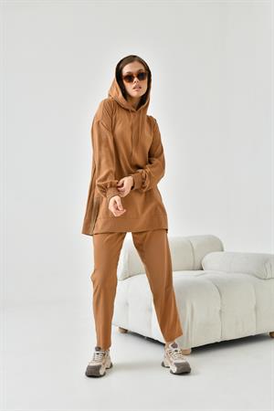 Garmi Kadın Kapişonlu Ribanalı Takım Camel