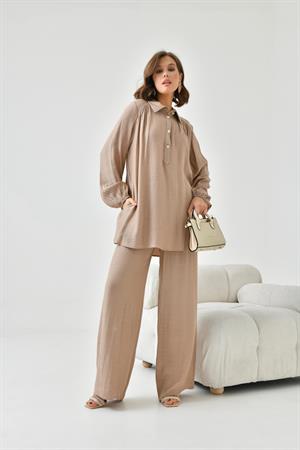 Garmi Kadın Keten Pantolonlu Takım Camel
