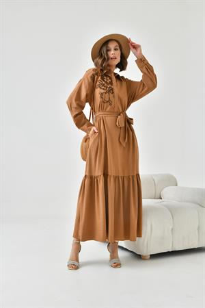 Garmi Kadın Nakışlı Elbise Camel