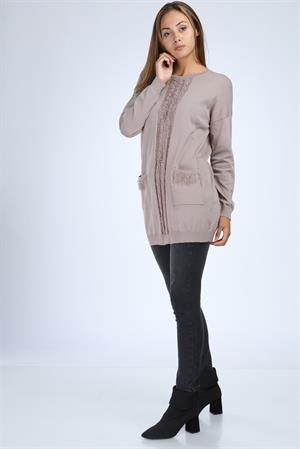 Garmi Kadın Önü Püsküllü Triko Beige