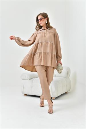 Garmi Kadın Taşlı Parlak Kumaş Takım Camel
