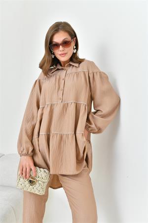 Garmi Kadın Taşlı Parlak Kumaş Takım Camel