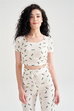Kadın Ananas Baskılı Ayarlanabilir Crop Ekru