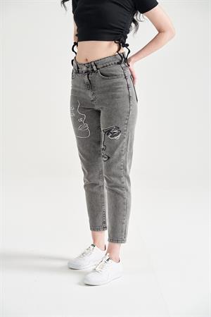 Kadın Bacak Yüz Nakışlı Mom Jean Gri