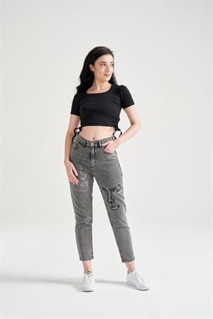 Kadın Bacak Yüz Nakışlı Mom Jean Gri
