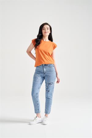 Kadın Bacak Yüz Nakışlı Mom Jean Mavi