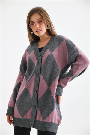 Kadın Baklava Desen Düğme Detay Hırka Gri