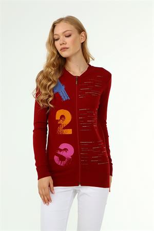 Kadın Baskı Taş Detaylı Hırka Bordo