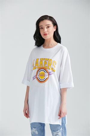 Kadın Baskılı Uzun T-Shirt Beyaz