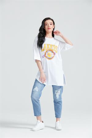 Kadın Baskılı Uzun T-Shirt Beyaz