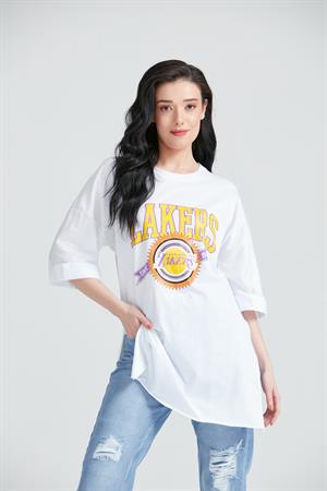 Kadın Baskılı Uzun T-Shirt Beyaz