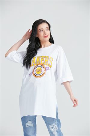 Kadın Baskılı Uzun T-Shirt Beyaz