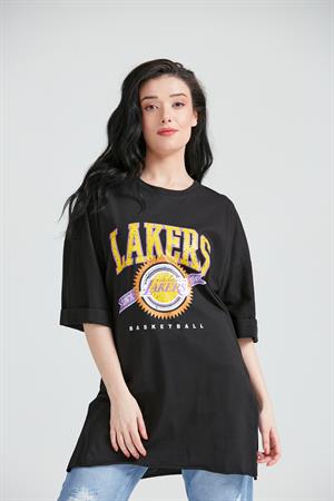 Kadın Baskılı Uzun T-Shirt Siyah