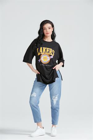 Kadın Baskılı Uzun T-Shirt Siyah