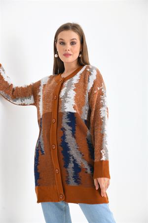Kadın Batik Desenli Hırka Kiremit