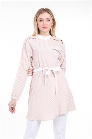 Kadın Beli Bağcıklı Çizgili Gömlek Beige