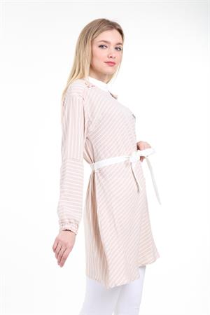 Kadın Beli Bağcıklı Çizgili Gömlek Beige