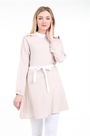 Kadın Beli Bağcıklı Çizgili Gömlek Beige
