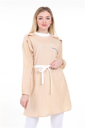 Kadın Beli Bağcıklı Çizgili Gömlek Camel