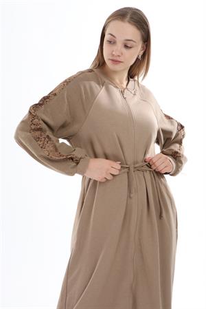 Kadın Beli Bağcıklı Uzun Kap Beige