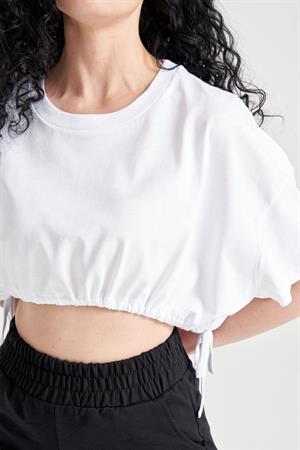 Kadın Beli Büzgülü Crop T-shirt Beyaz