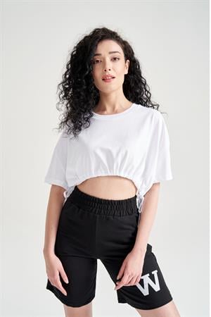 Kadın Beli Büzgülü Crop T-shirt Beyaz