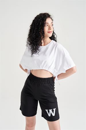 Kadın Beli Büzgülü Crop T-shirt Beyaz