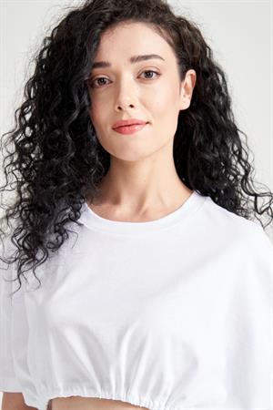 Kadın Beli Büzgülü Crop T-shirt Beyaz