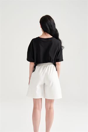 Kadın Beli Büzgülü Crop T-shirt Siyah
