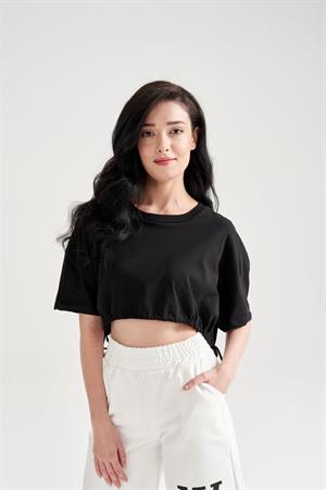 Kadın Beli Büzgülü Crop T-shirt Siyah