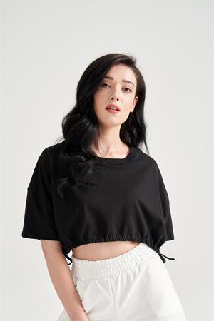 Kadın Beli Büzgülü Crop T-shirt Siyah