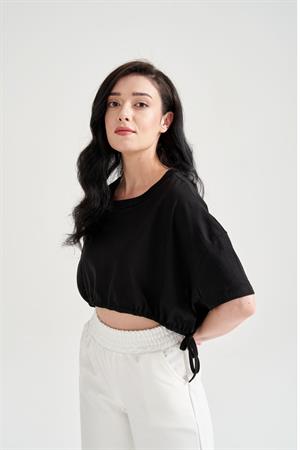 Kadın Beli Büzgülü Crop T-shirt Siyah