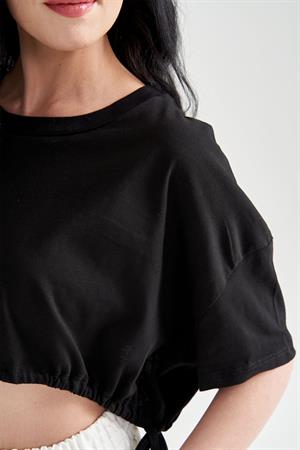 Kadın Beli Büzgülü Crop T-shirt Siyah