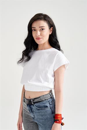 Kadın Beli Lastikli Basic T-Shirt Beyaz