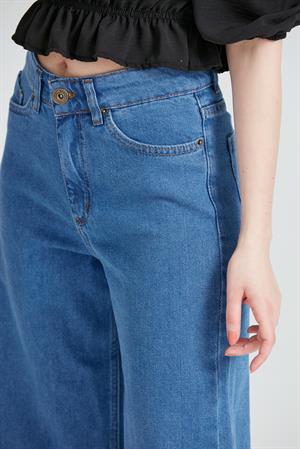 Kadın Bol Paça Wide Leg Jean Pantolon Mavi