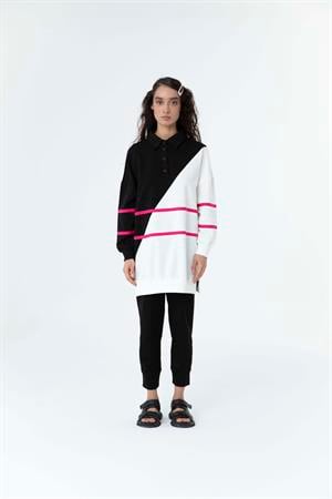 Kadın Çapraz Geçişli Polo Yaka Sweat Tunik Siyah-Fujya