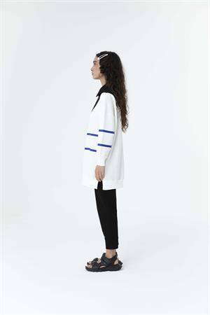 Kadın Çapraz Geçişli Polo Yaka Sweat Tunik Siyah-Sax Mavi