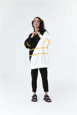 Kadın Çapraz Geçişli Polo Yaka Sweat Tunik Siyah-Oranj