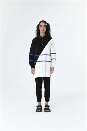 Kadın Çapraz Geçişli Polo Yaka Sweat Tunik Siyah-Sax Mavi