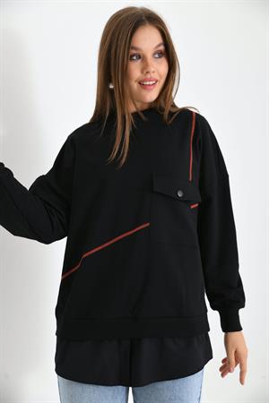 Kadın Cep Detay Sweatshirt Siyah
