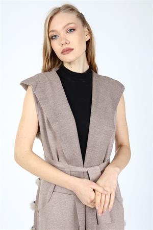 Kadın Cep Detay Triko Yelek Beige