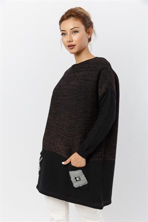 Kadın Cep Detaylı Önü Simli Bluz Siyah
