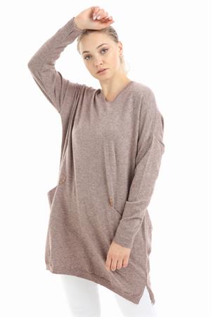 Kadın Cepli Düğme Detaylı Tunik Beige