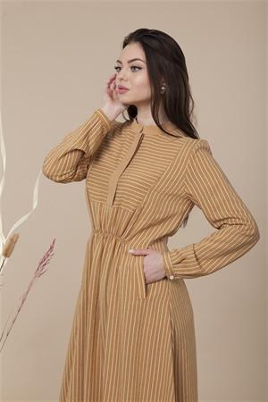 Kadın Çizgi Desen Elbise Camel