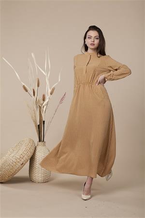 Kadın Çizgi Desen Elbise Camel