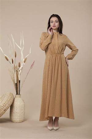 Kadın Çizgi Desen Elbise Camel