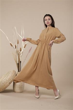 Kadın Çizgi Desen Elbise Camel