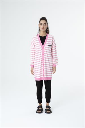 Kadın Çizgili Düğmeli Hırka Tunik Pembe