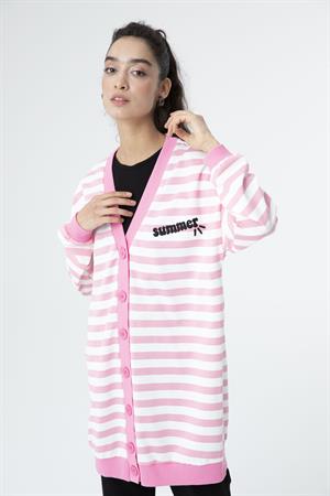 Kadın Çizgili Düğmeli Hırka Tunik Pembe