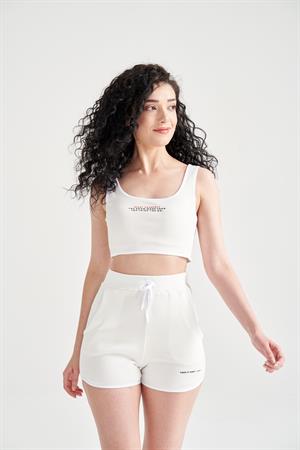 Kadın Crop Büstiyerli Pijama Takımı Beyaz